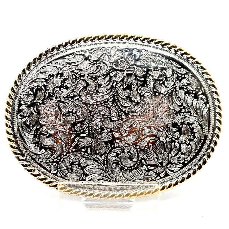 Load image into Gallery viewer, RLB501 - RockinLeather Silver Scrolled Oval Buckle with Gold Edge
