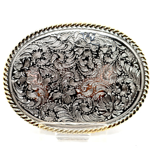 RLB501 - RockinLeather Silver Scrolled Oval Buckle with Gold Edge