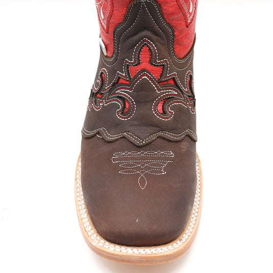 2180 - RockinLeather Women's Tall Distressed Brown/Red Boot With Wide Square Toe